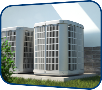 HVAC Units on a concrete slab next to a white wall outside on a patch of green grass