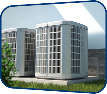 HVAC Units on a concrete slab next to a white wall outside on a patch of green grass